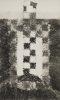A monochrome abstract print shows a central checkerboard column bordered by textured, scribbled bands, creating a stark contrast.