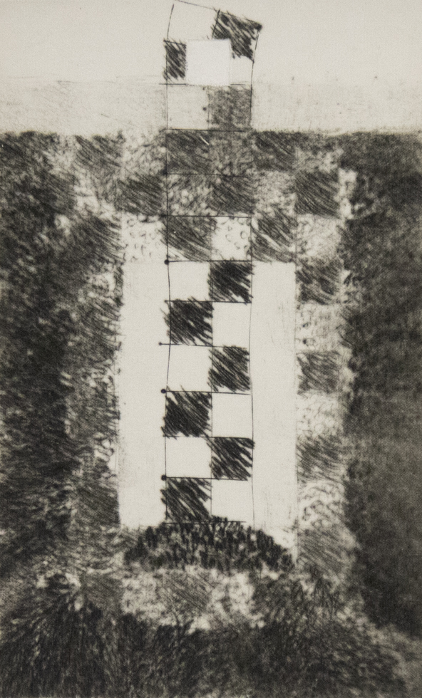 A monochrome abstract print shows a central checkerboard column bordered by textured, scribbled bands, creating a stark contrast.