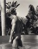 A shirtless man with his back to the viewer stands in a body of water amidst tropical foliage.