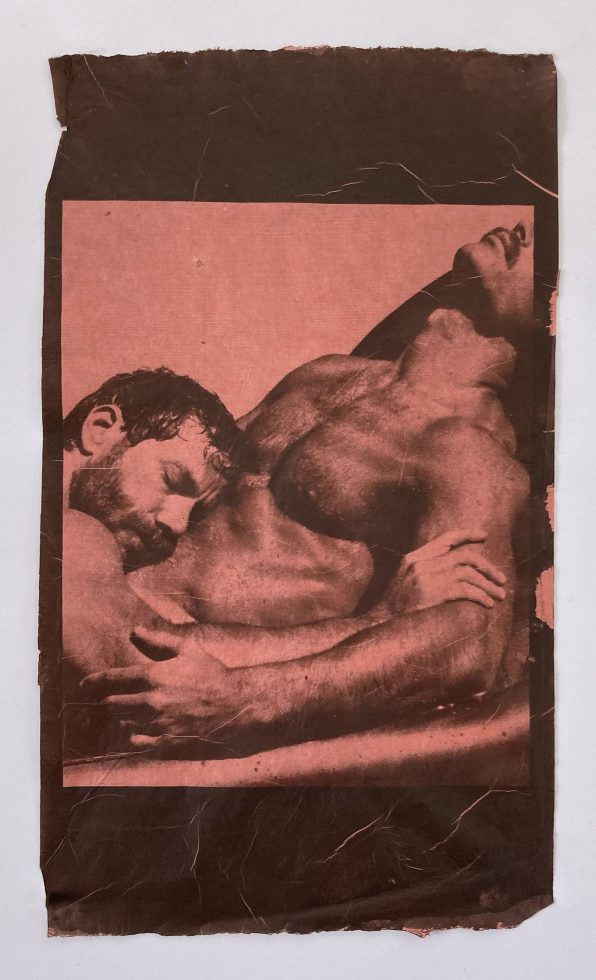 Gold-toned Van Dyke print on handmade Japanese kozo paper, 13x21 inches, depicting two men in an intimate embrace.