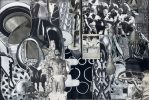 A black and white collage of various vintage imagery