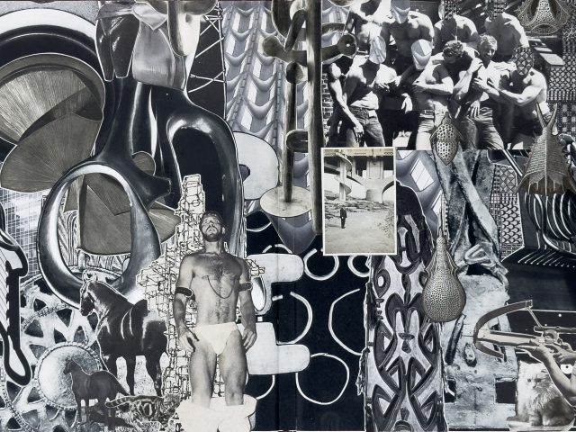 A black and white collage of various vintage imagery