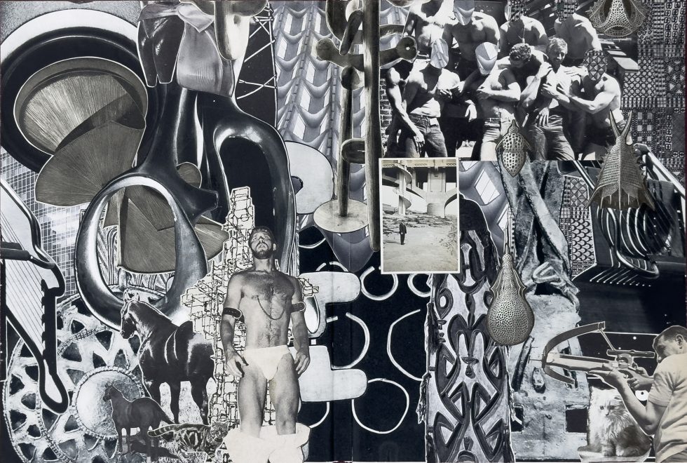 A black and white collage of various vintage imagery