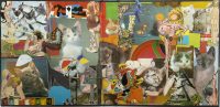 A complex collage of cats, human figures, and abstract shapes, blending photographic cutouts and painted elements in a playful, surreal scene.