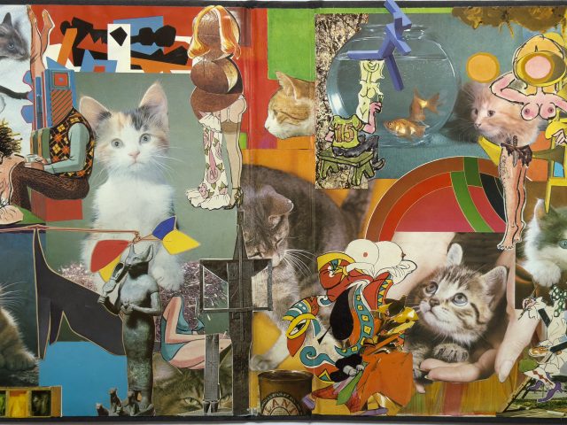 A complex collage of cats, human figures, and abstract shapes, blending photographic cutouts and painted elements in a playful, surreal scene.