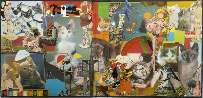 A complex collage of cats, human figures, and abstract shapes, blending photographic cutouts and painted elements in a playful, surreal scene.