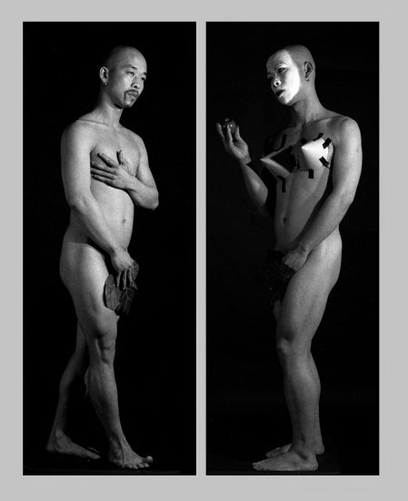 A black and white diptych of two figures dressed like Adam and Eve.
