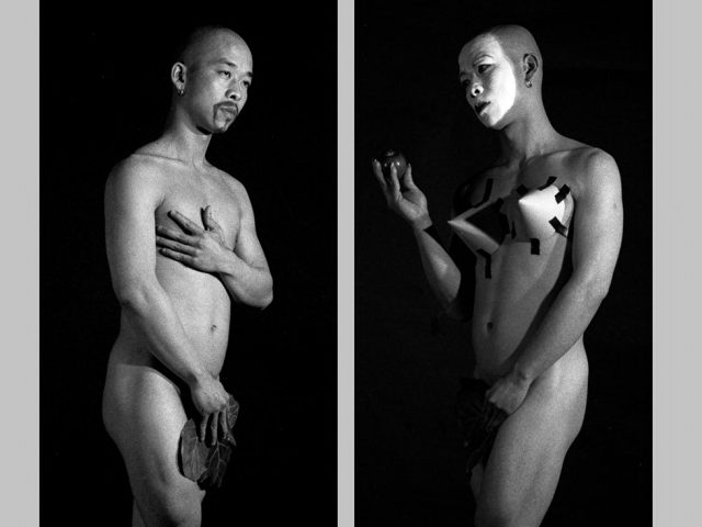 A black and white diptych of two figures dressed like Adam and Eve.