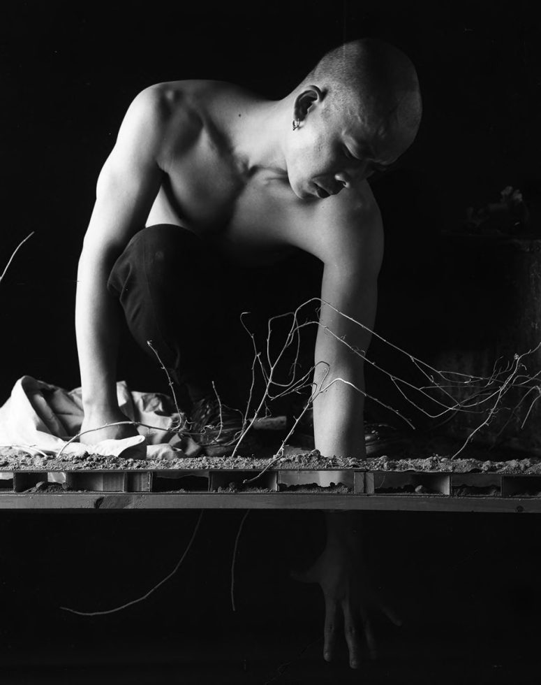 A surreal black and white image of a bald man crouching over a small plot of dirt and tangled branches, with his reflection visible underneath.