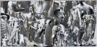 A black and white collage of various male forms as well as sculptures.