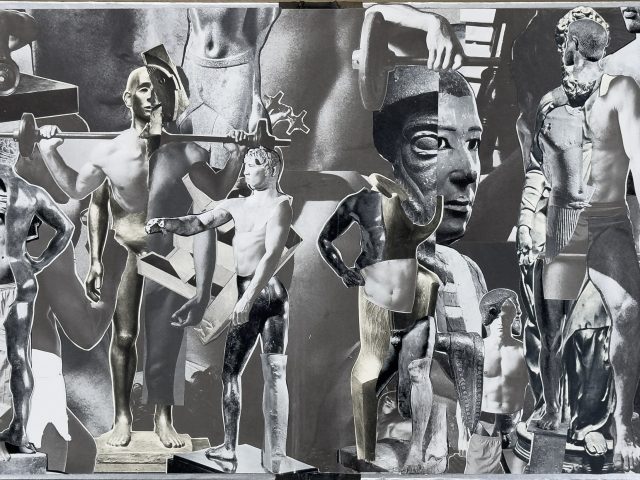 A black and white collage of various male forms as well as sculptures.