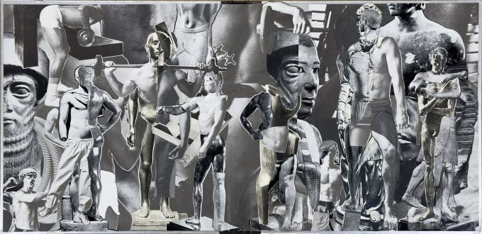 A black and white collage of various male forms as well as sculptures.