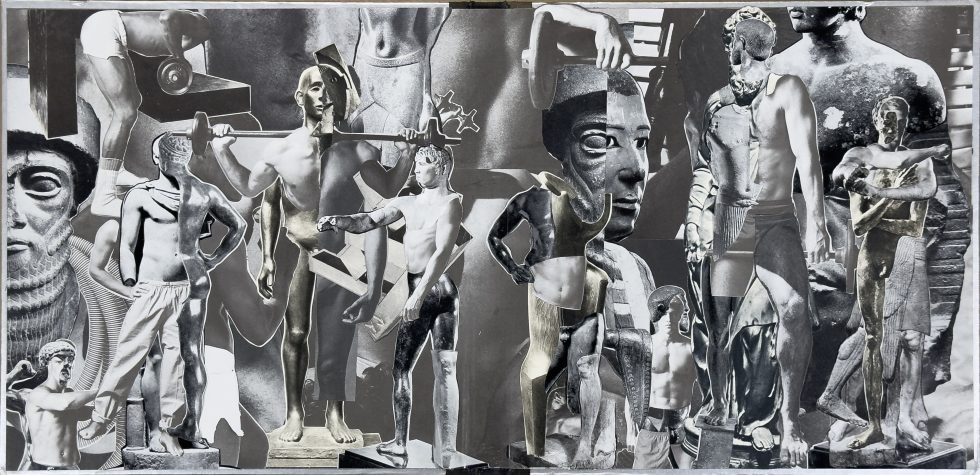 A black and white collage of various male forms as well as sculptures.