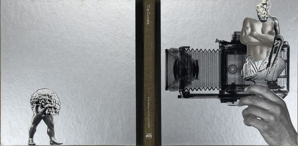 Collaged book cover with layered cutouts, blending figures, objects, and abstract fragments into unexpected juxtapositions.