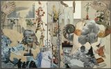 A complex collage featuring owls, penguins, and fragmented human figures, hinting at environmental themes.