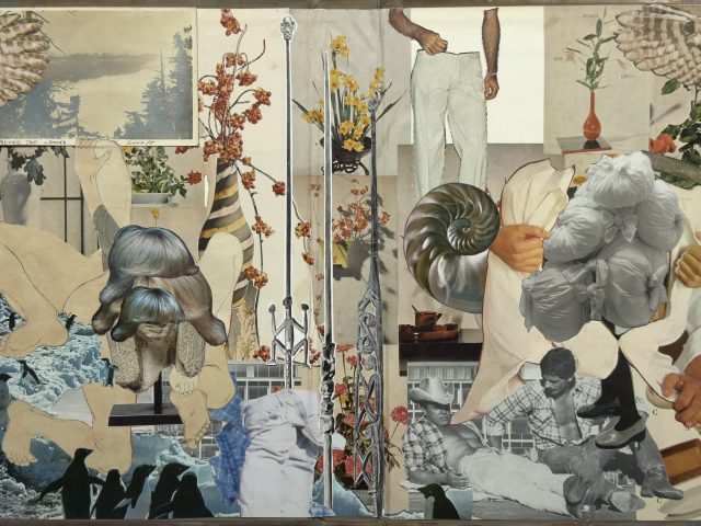 A complex collage featuring owls, penguins, and fragmented human figures, hinting at environmental themes.
