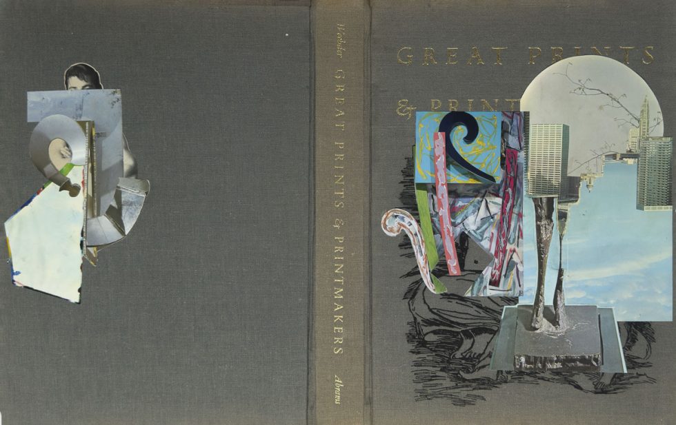 Collaged book cover with layered cutouts, blending figures, objects, and abstract fragments into unexpected juxtapositions.