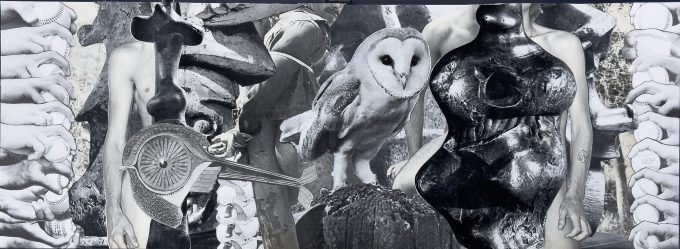 A black and white surrealist collage of an owl at the center, surrounded by fragmented human figures, hands, and mechanical parts.