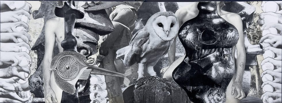 A black and white surrealist collage of an owl at the center, surrounded by fragmented human figures, hands, and mechanical parts.