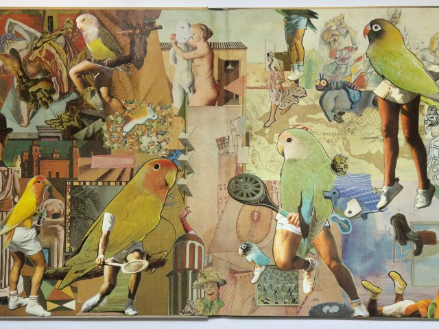 Collage of large colorful birds with human legs, athletes, abstract drawings, and fragmented figures in a playful surreal scene.