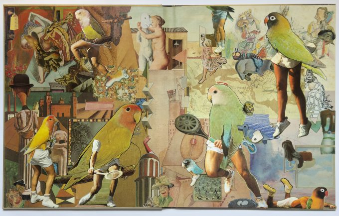 Collage of large colorful birds with human legs, athletes, abstract drawings, and fragmented figures in a playful surreal scene.