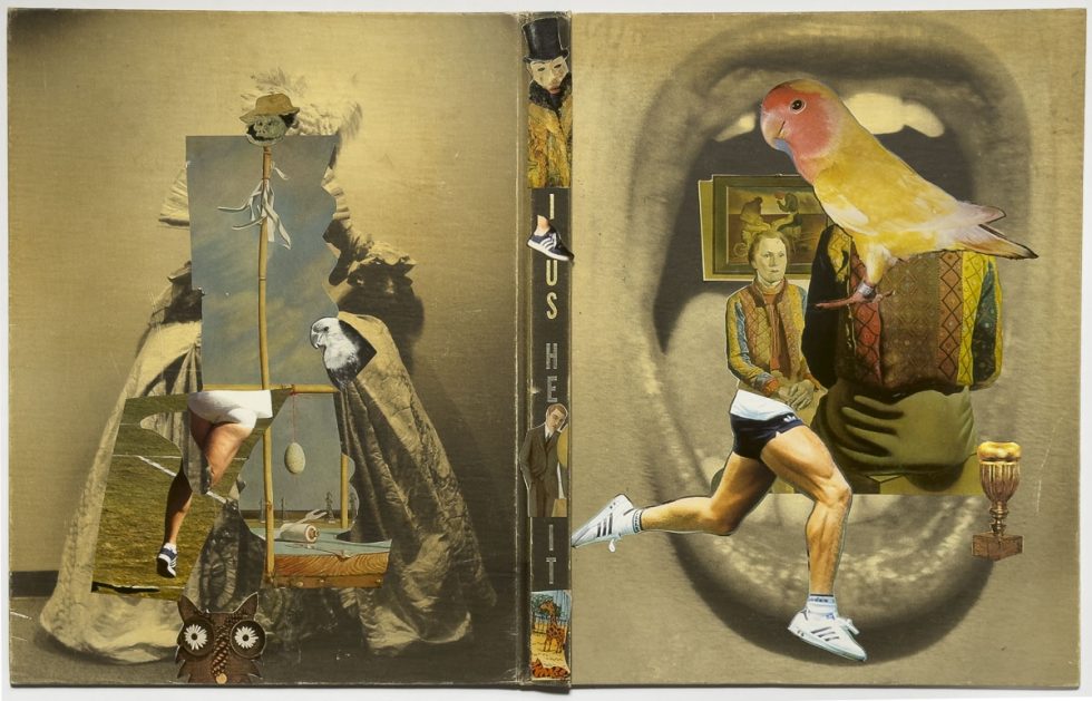 Collaged book cover with layered cutouts, blending figures, objects, and abstract fragments into unexpected juxtapositions.