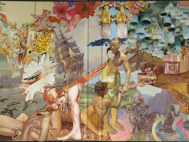 Collage of nude figures, flowers, ships, birds, hands, and household objects overlapping in a surreal layered composition.