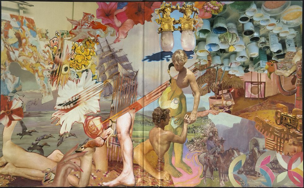 Collage of nude figures, flowers, ships, birds, hands, and household objects overlapping in a surreal layered composition.