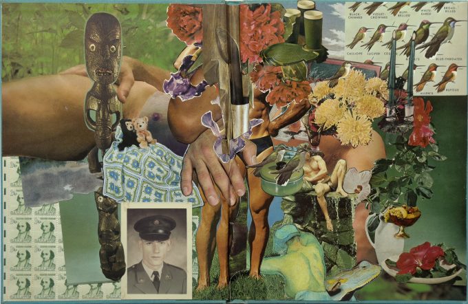 Collage of flowers, birds, candles, carved figures, and fragmented human bodies layered into a surreal dreamlike scene.