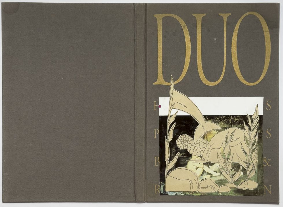 Collaged book cover with layered cutouts, blending figures, objects, and abstract fragments into unexpected juxtapositions.