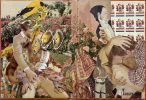 A complex, surreal collage of magazine clippings featuring a man in a garden with birds and masks, and another section with clown stamps and embracing figures.