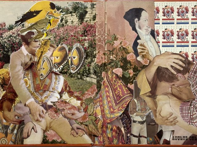 A complex, surreal collage of magazine clippings featuring a man in a garden with birds and masks, and another section with clown stamps and embracing figures.