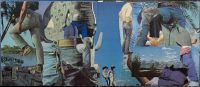 A panoramic collage of magazine clippings, featuring fragmented images of men in blue jeans and belts against outdoor landscapes.