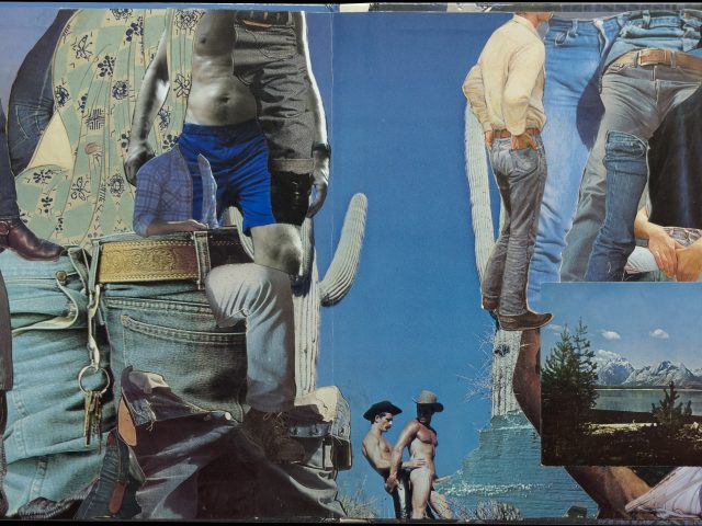 A panoramic collage of magazine clippings, featuring fragmented images of men in blue jeans and belts against outdoor landscapes.