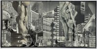 This artwork is a monochrome collage that combines images of ancient statues, modern buildings, and people, creating a commentary on art and urban life