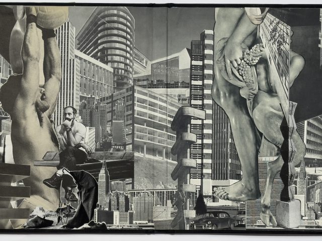 This artwork is a monochrome collage that combines images of ancient statues, modern buildings, and people, creating a commentary on art and urban life