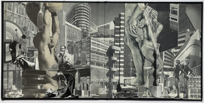 This artwork is a monochrome collage that combines images of ancient statues, modern buildings, and people, creating a commentary on art and urban life