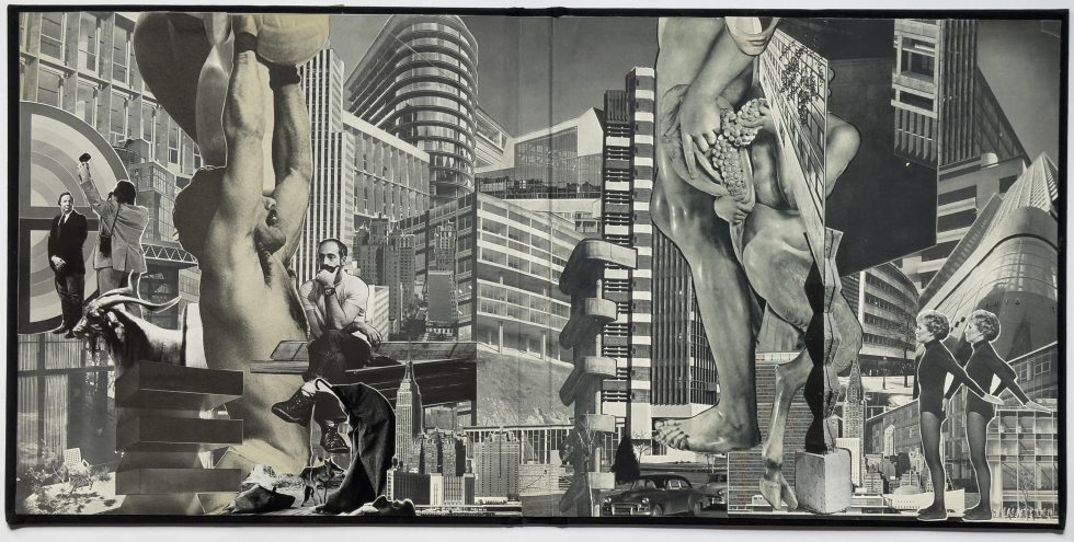 This artwork is a monochrome collage that combines images of ancient statues, modern buildings, and people, creating a commentary on art and urban life