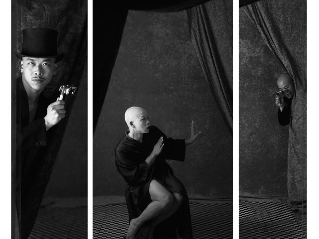 A black and white triptych of three figures behind a curtain in formal attire.