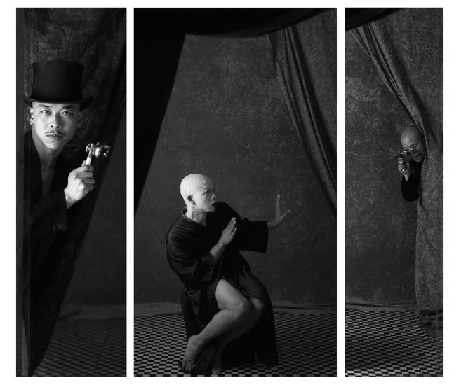 A black and white triptych of three figures behind a curtain in formal attire.