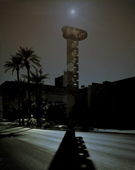 A moody photograph of a motel sign amongst palm trees in sunshine.