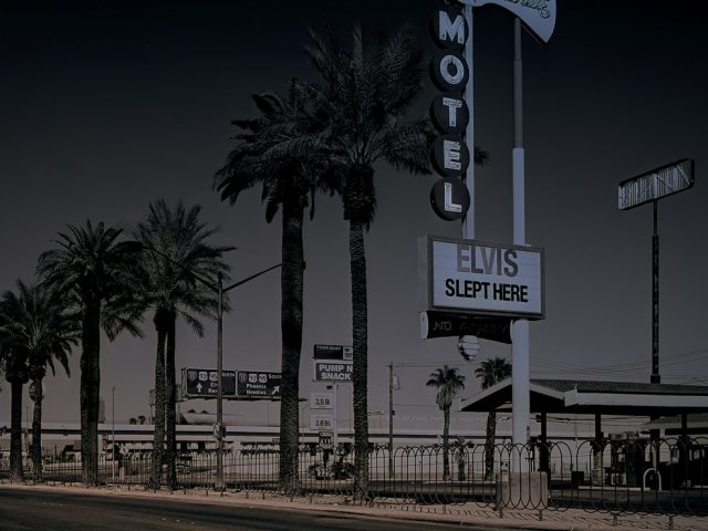 A photograph of a motel sign with palm trees lining the street in front.
