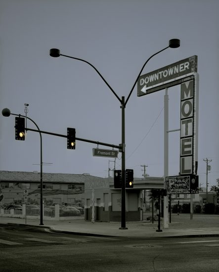 A photograph of a streetlight with a motel sign behind it.