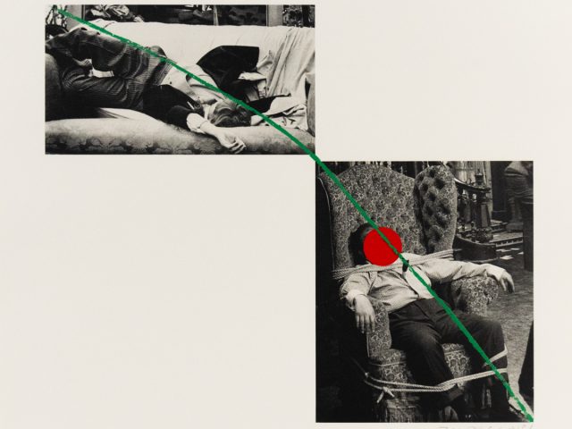 An image of two black and white photos with a green line and red dot.