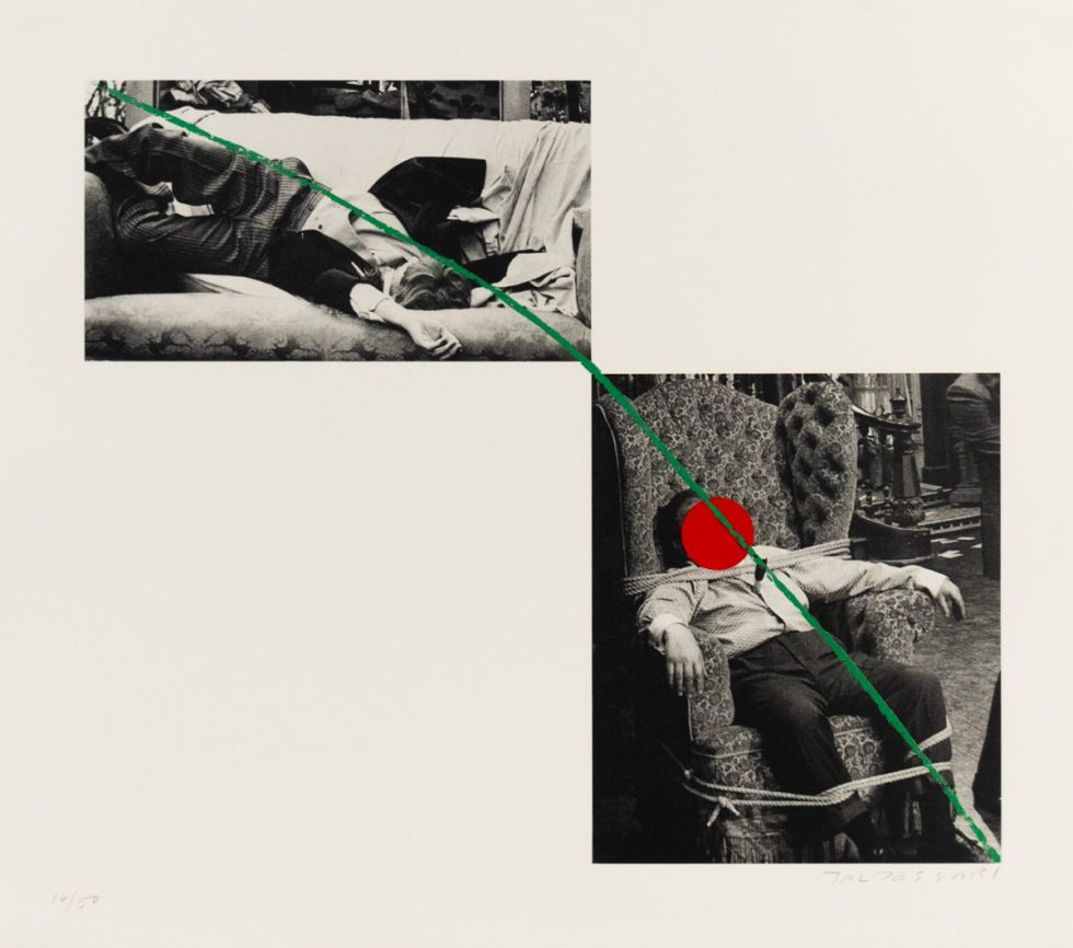 An image of two black and white photos with a green line and red dot.