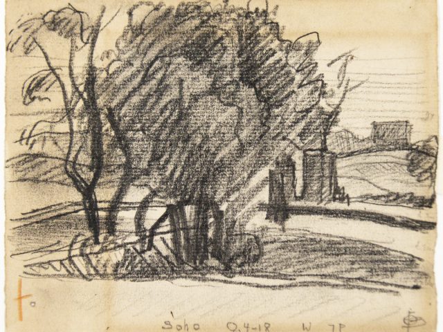 A black drawing of a pastoral landscape on yellow paper.