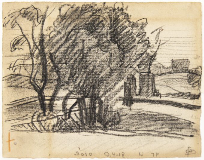 A black drawing of a pastoral landscape on yellow paper.