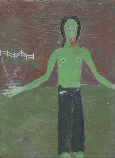 This is a painting of a shirtless green humanoid figure wearing a pair of jeans.