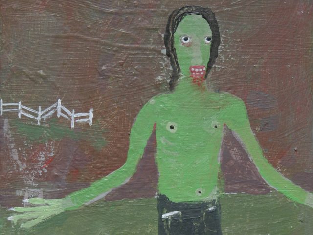 This is a painting of a shirtless green humanoid figure wearing a pair of jeans.