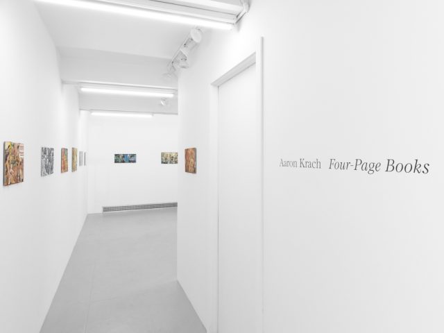 Gallery installation view showing mixed-media works on white walls.